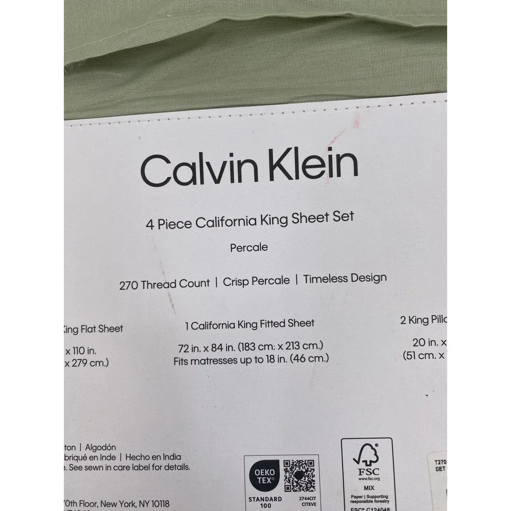 Calvin Klein Sheet Set California King Sage Green 100% Cotton Percale 270TC 4pc